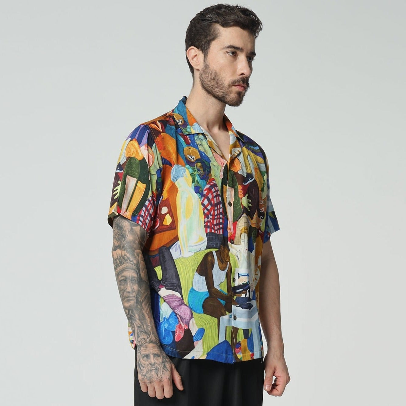 Stylera unique short sleeve fashion shirt featuring a vibrant multicolored abstract design