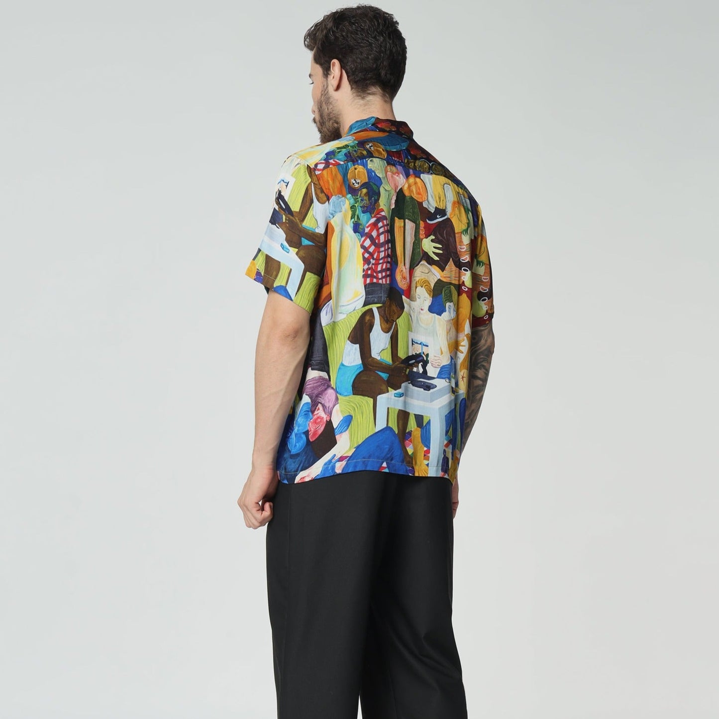 Stylera unique short sleeve fashion shirt featuring bold, colorful artistic patterns on a lightweight fabric