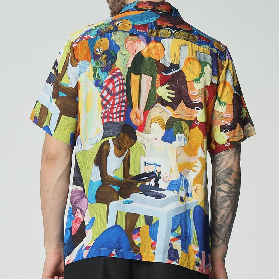 Stylera unique short sleeve fashion shirt with vibrant artistic print featuring colorful scenes and diverse characters