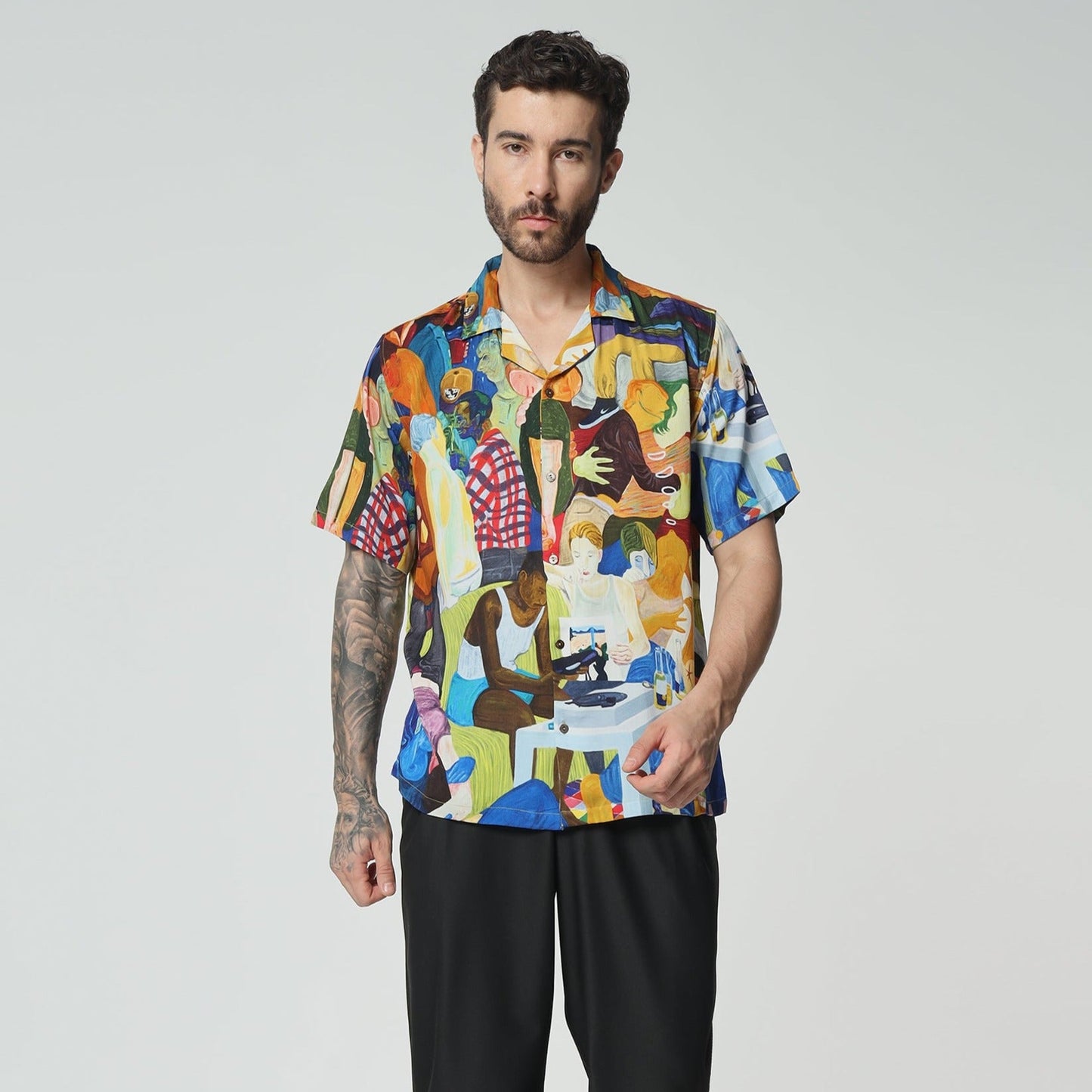 Stylera unique short sleeve fashion shirt featuring a colorful artistic design for a stylish look