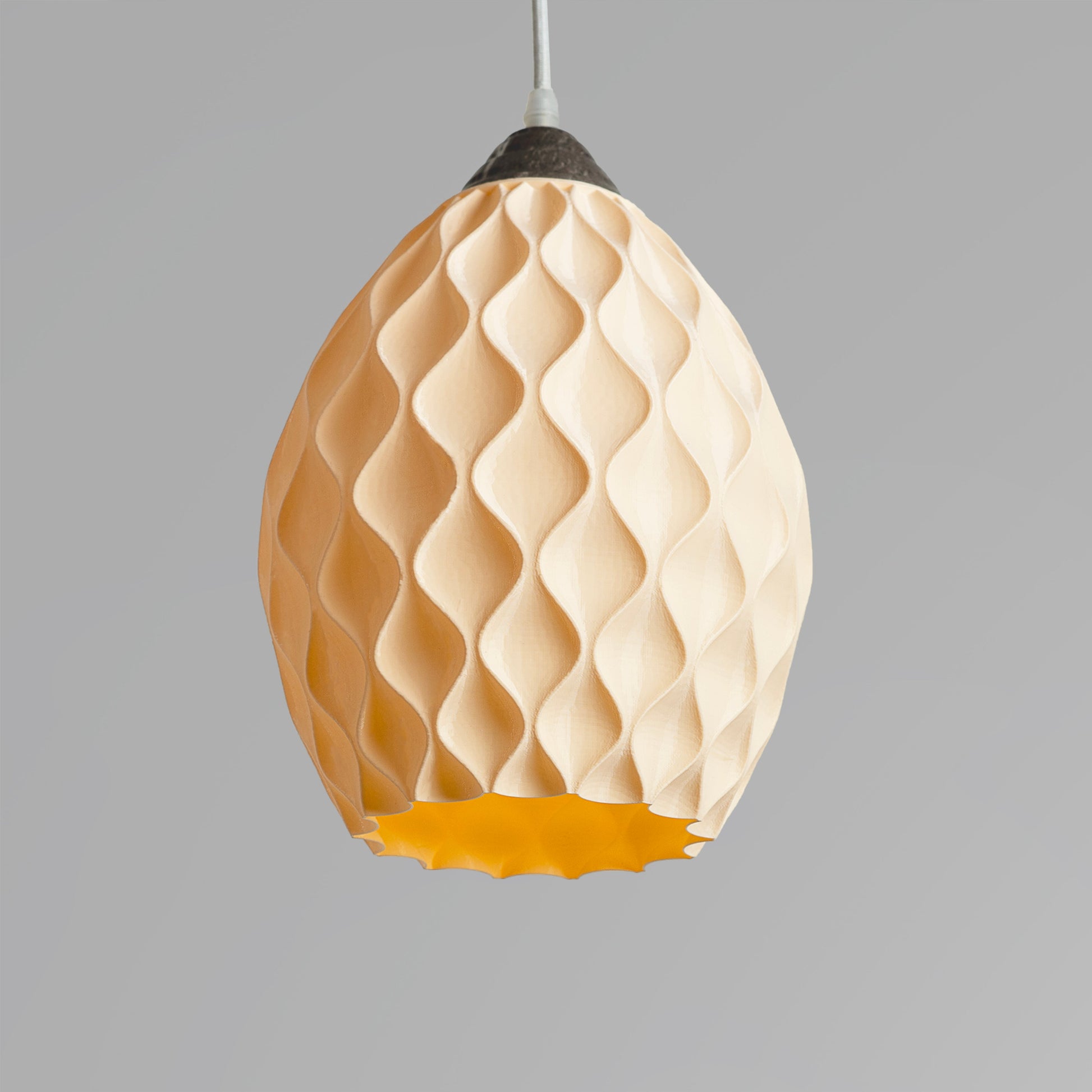 Unique statement ceiling lamp by Sozori in pastel design with textured waves and vibrant interior