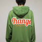 Stylera green hoodie back view with Change in progress bold orange and white graphic text unique streetwear hoodie