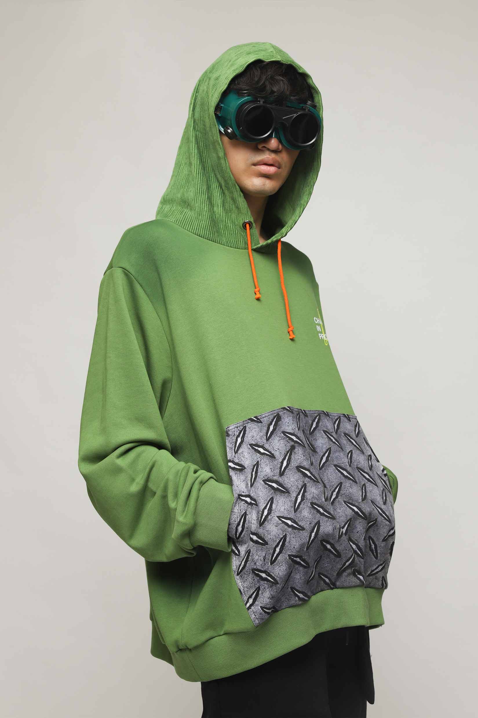 Stylera unique streetwear hoodie green oversized fit with orange drawstrings and diamond plate kangaroo pocket