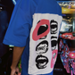 Stylera blue oversized t shirt with white back patch printed open mouths in black and pink unique urban streetwear t-shirt