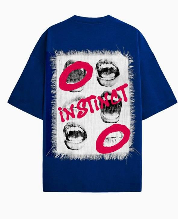 Stylera blue tee back print white frayed panel black mouth prints red circles unique urban streetwear t-shirt