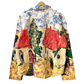 Stylera unique women's fashion jacket featuring painterly village print with red roofs and trees