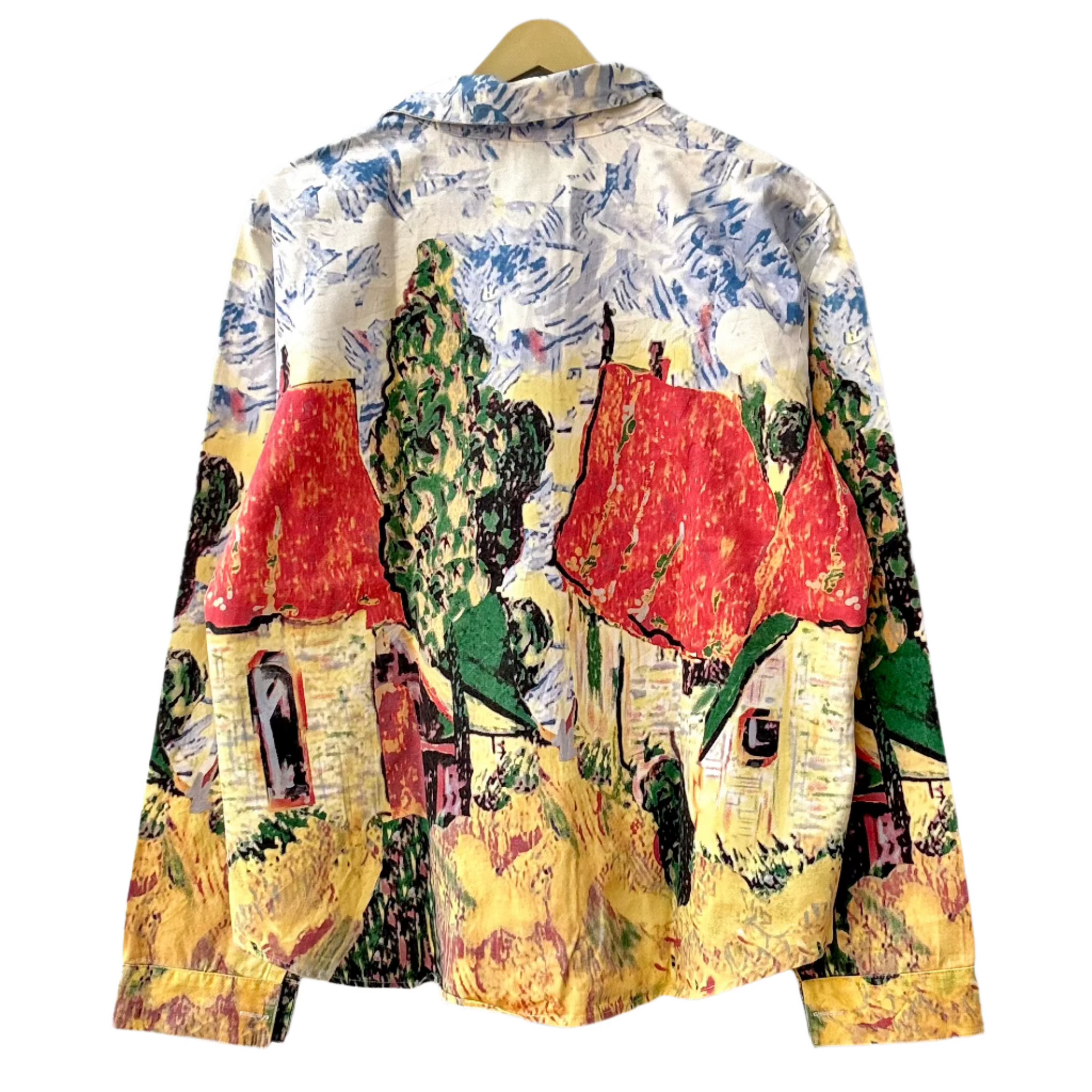 Stylera unique women's fashion jacket featuring painterly village print with red roofs and trees