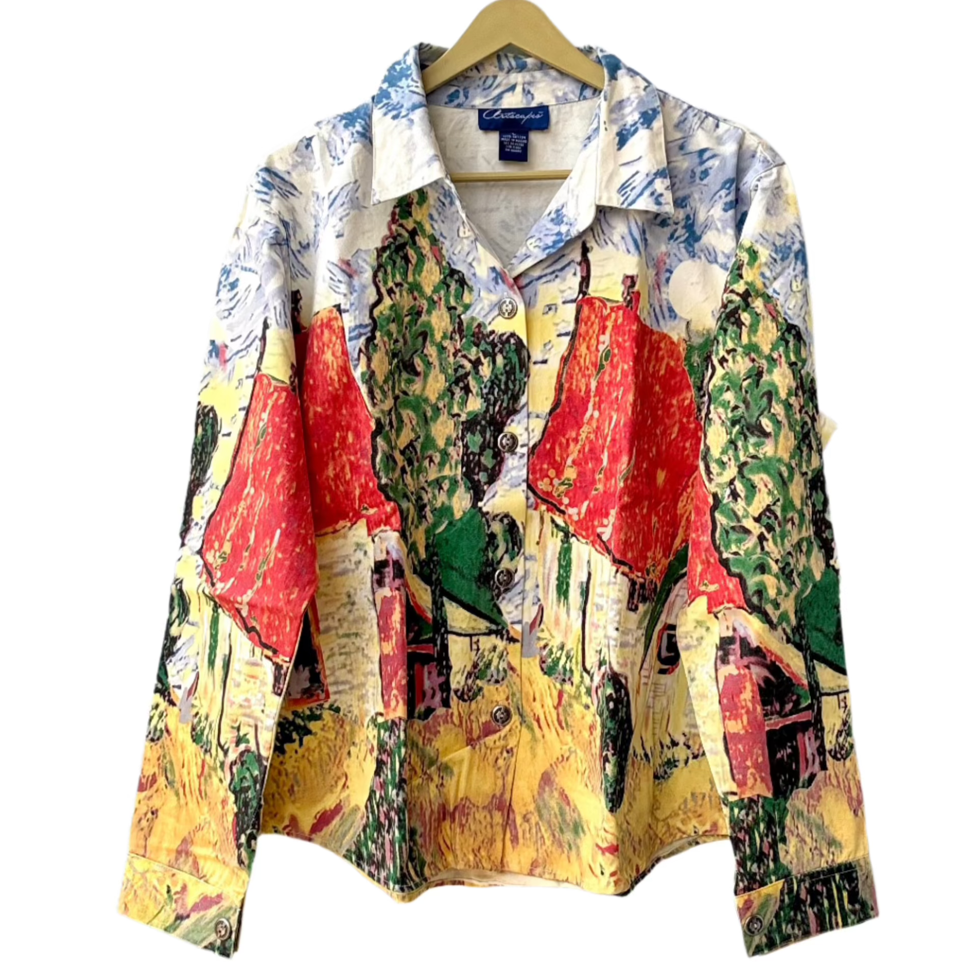 Stylera colorful button front unique women's fashion jacket with painterly village print and collar