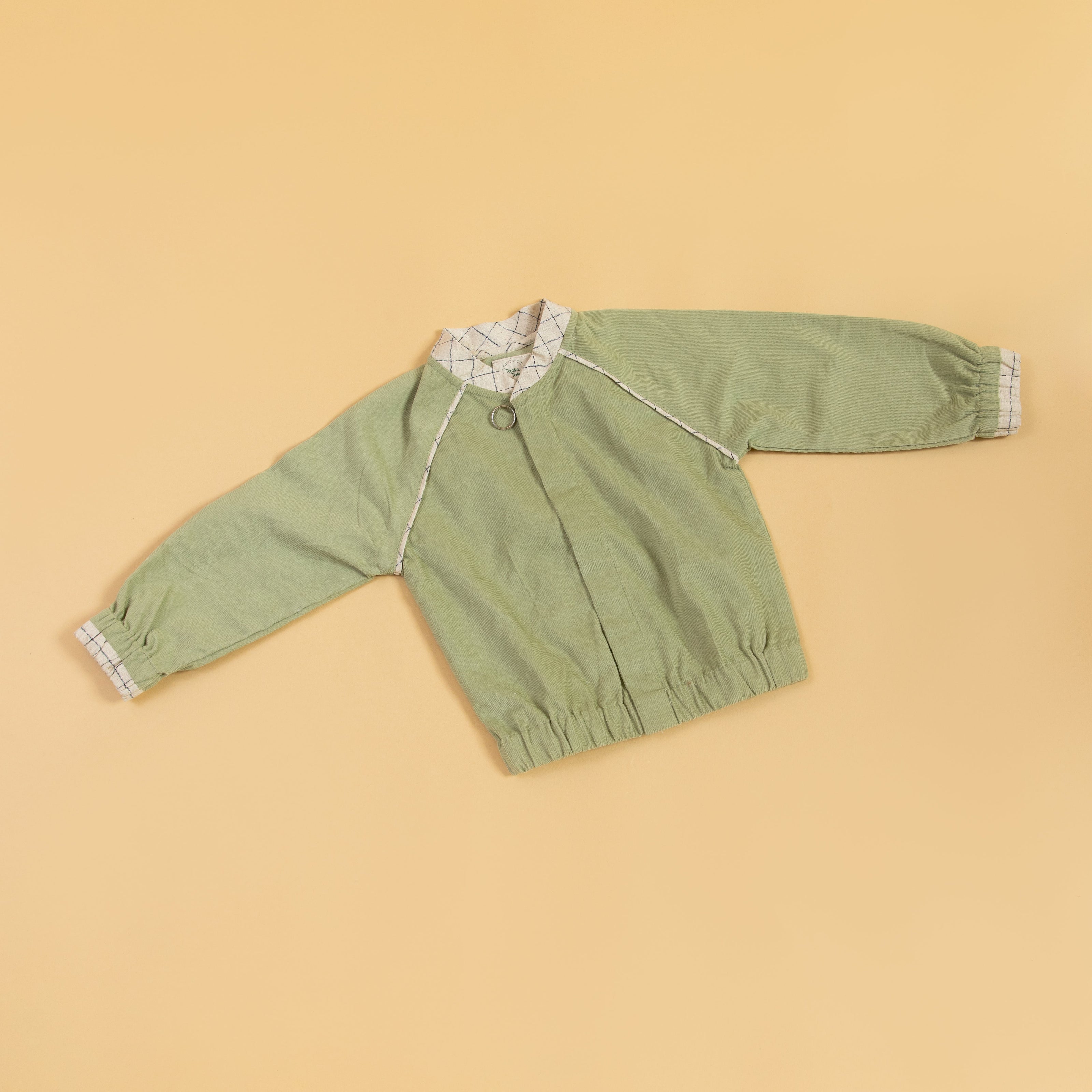 Light green unisex bomber jacket with a plaid collar and elastic cuffs for stylish comfort