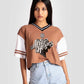 Stylera brown and white graphic tee for women with After Hours print and striped sleeves