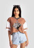 Stylera brown and white graphic tee for women with After Hours print and striped sleeves