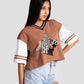 Stylera brown and white graphic tee for women with Air Hours design and striped sleeves