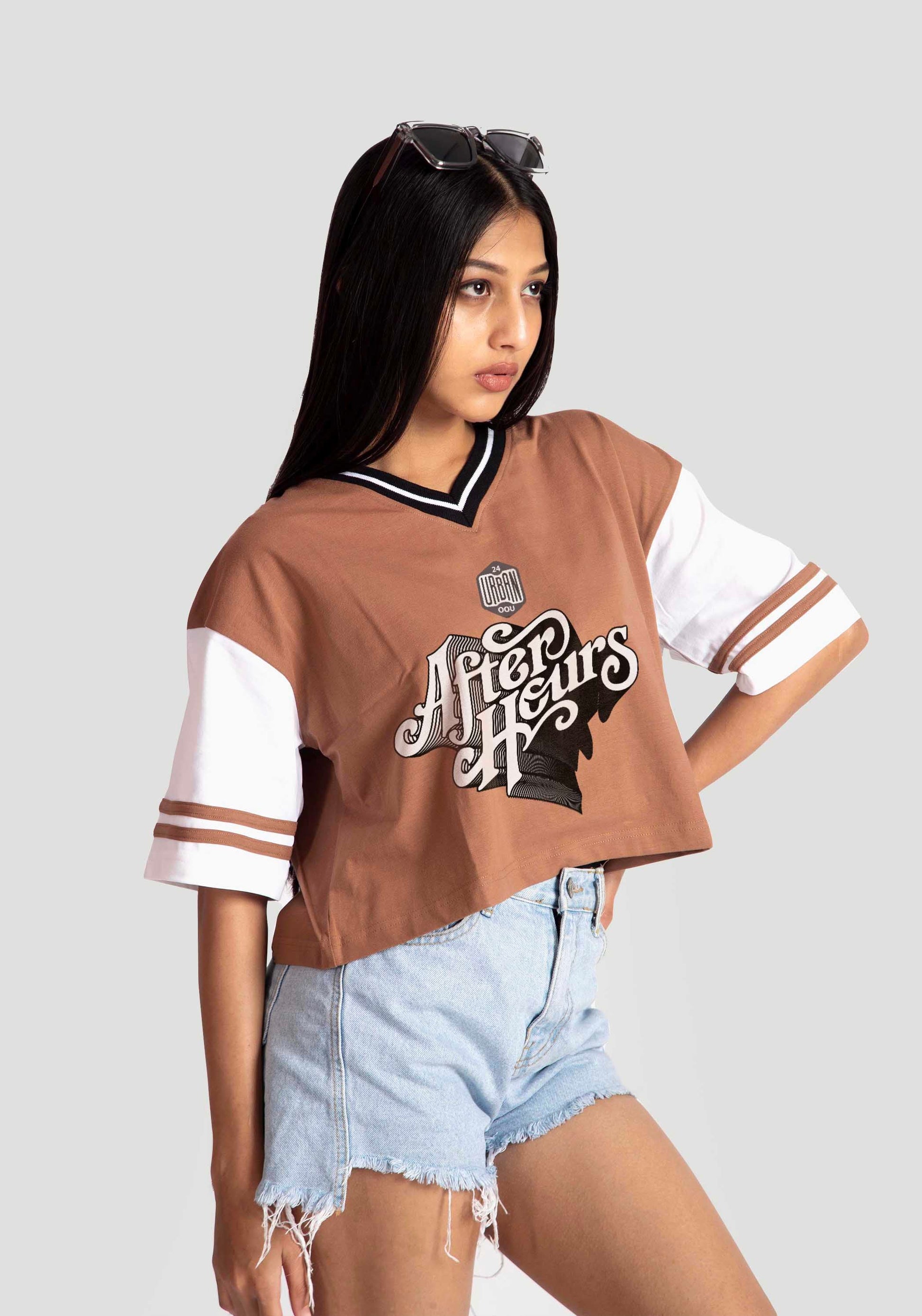 Stylera brown and white graphic tee for women with Air Hours design and striped sleeves