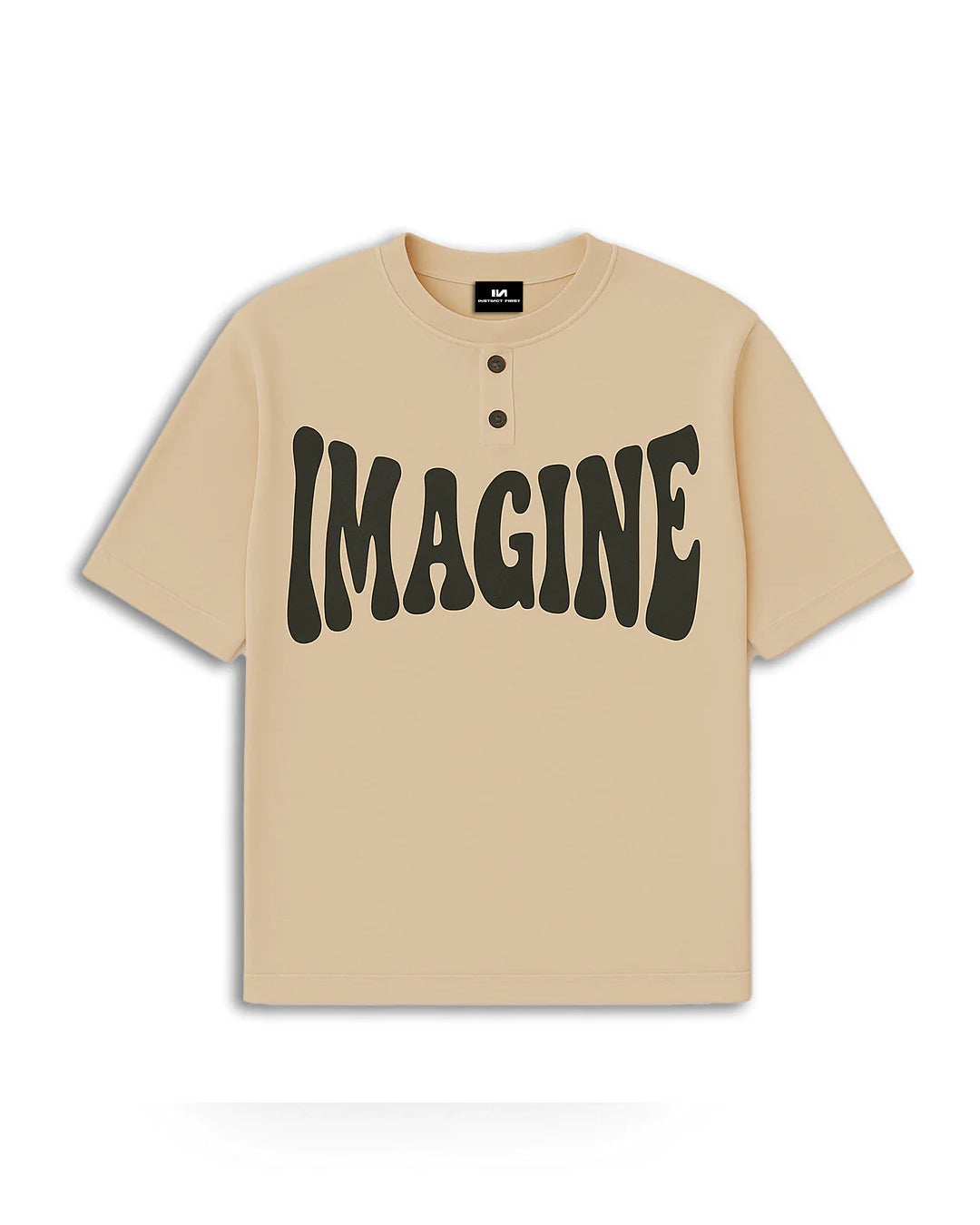 Stylera casual oversized t-shirt with print beige short sleeve IMAGINE graphic two button henley