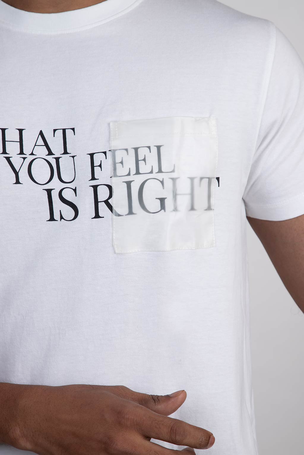 Stylera white slim fit T shirt with black chest print and left transparent pocket stylish skinny tee with transparent pocket