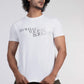 Stylera white crew neck tee with chest slogan worn by model stylish skinny tee with transparent pocket