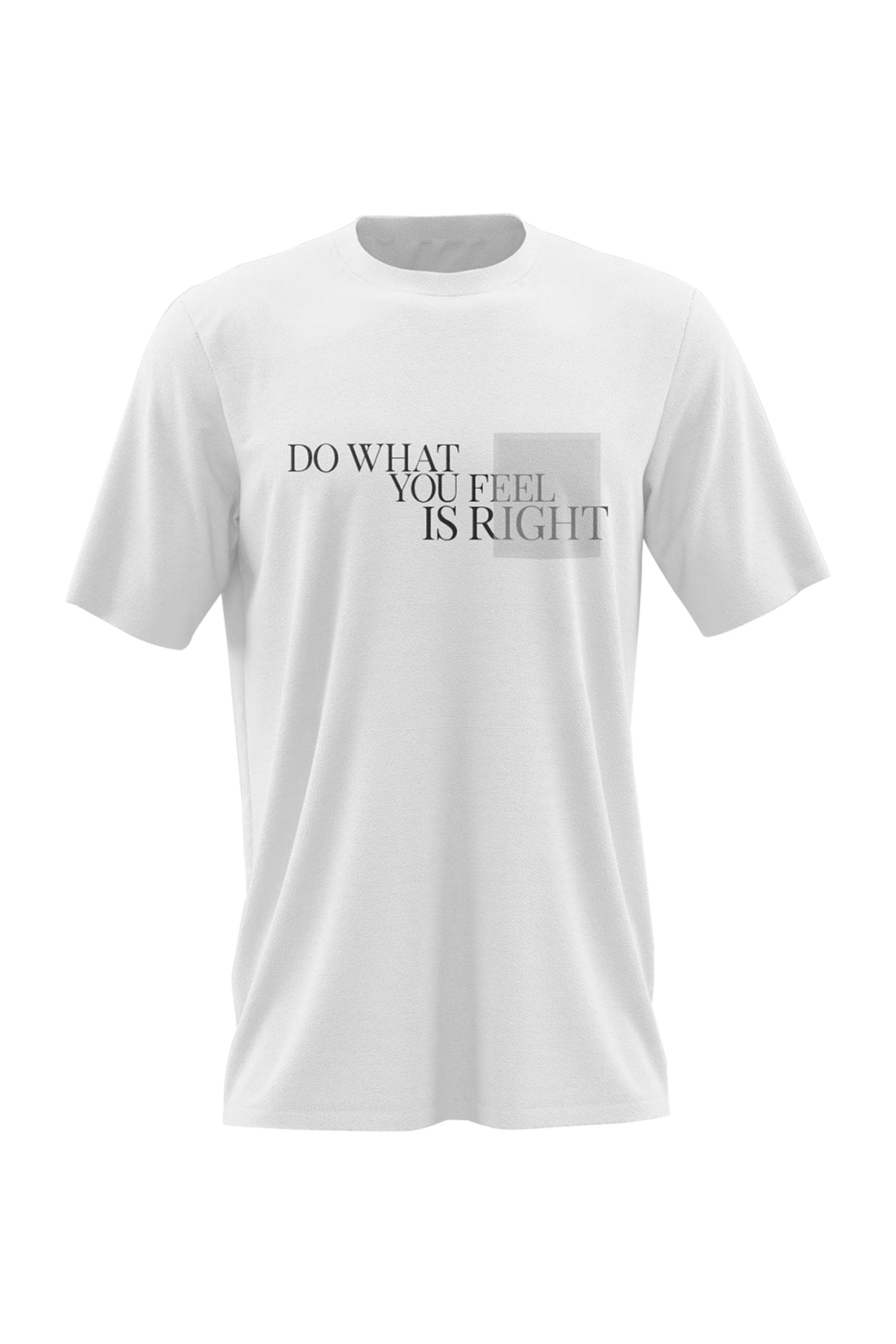 Stylera white t-shirt with printed slogan and gray square detail, stylish skinny tee with transparent pocket