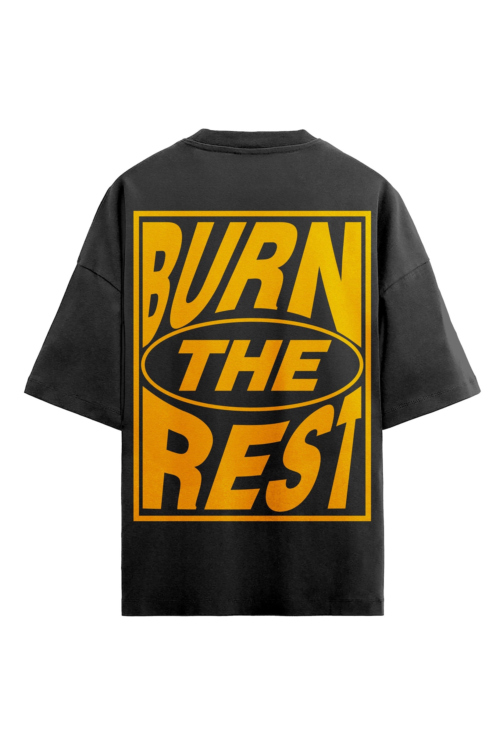 Stylera black graphic t-shirt trendy oversized back view with bold yellow BURN THE REST graphic