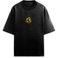 Stylera black graphic t-shirt trendy with small yellow circular emblem on center chest crewneck oversized fit