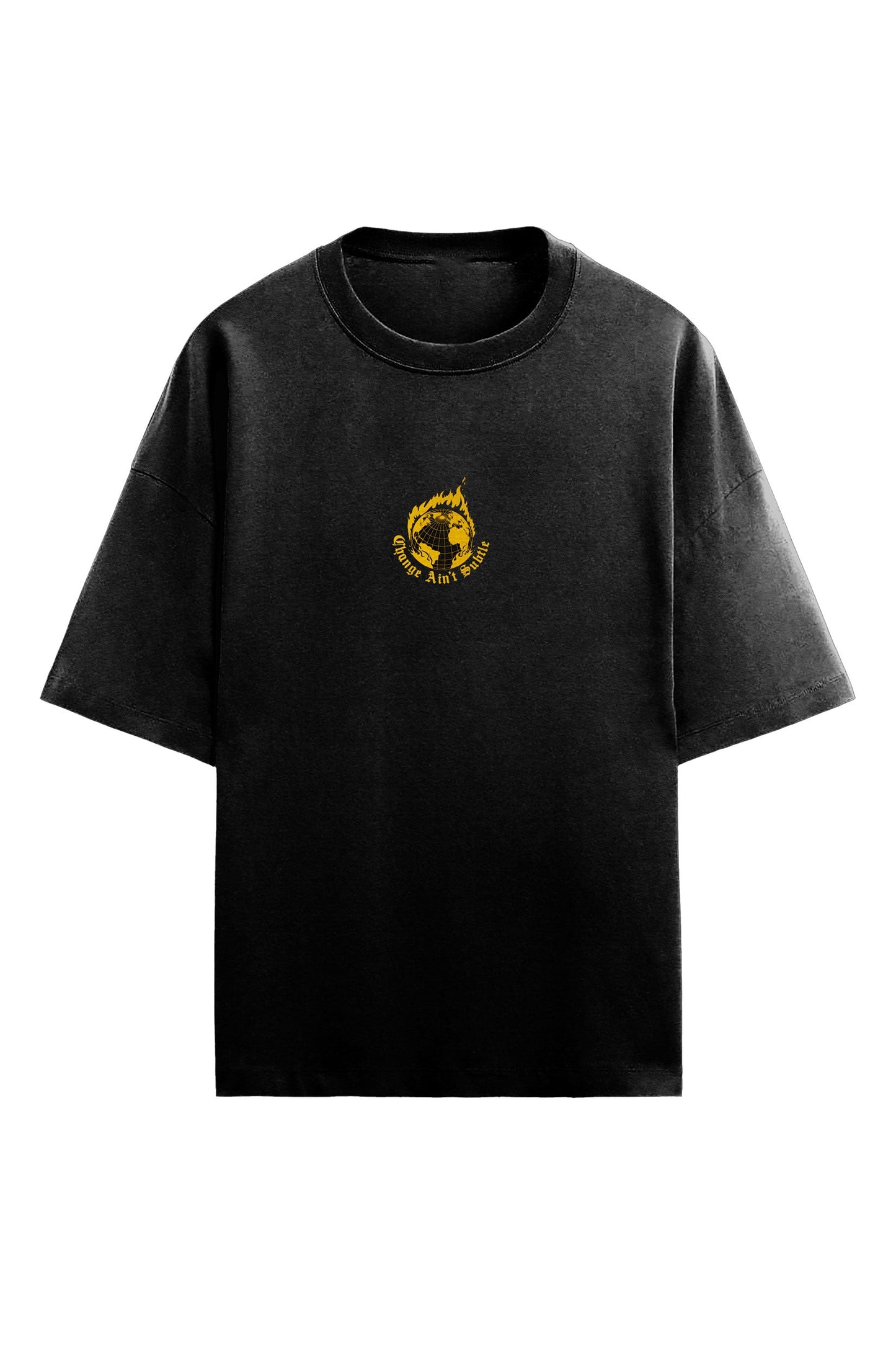 Stylera black graphic t-shirt trendy with small yellow circular emblem on center chest crewneck oversized fit