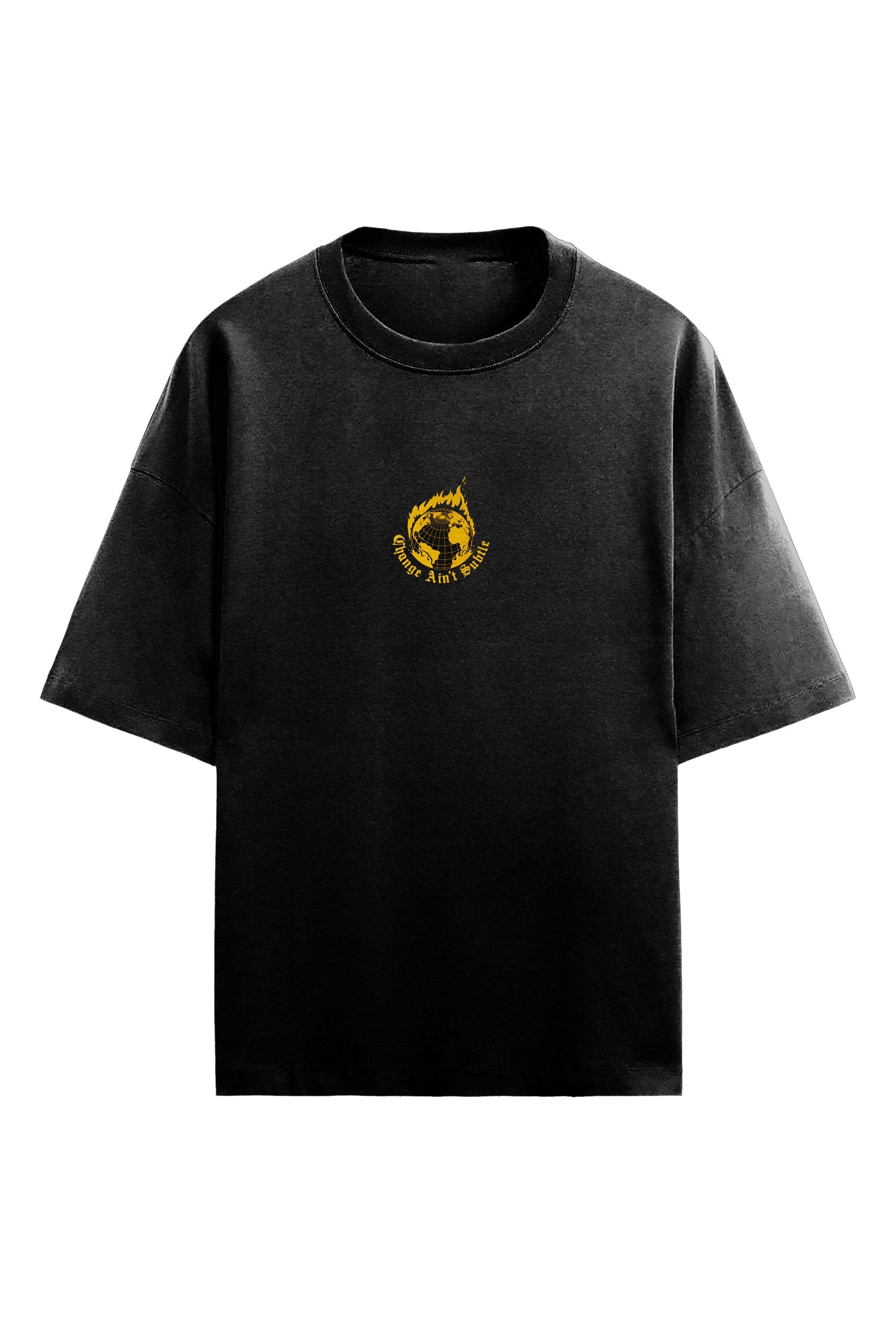 Stylera black graphic t-shirt trendy with small yellow circular emblem on center chest crewneck oversized fit