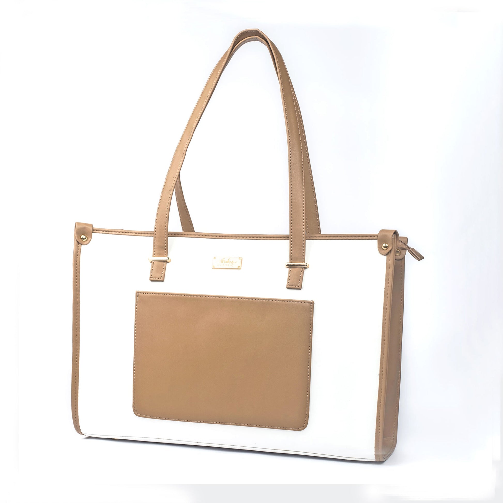 Vanilla taupe box tote bag with a spacious design and front pocket for stylish organization