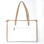Vanilla taupe box tote bag with stylish handles and a zippered pocket for convenience