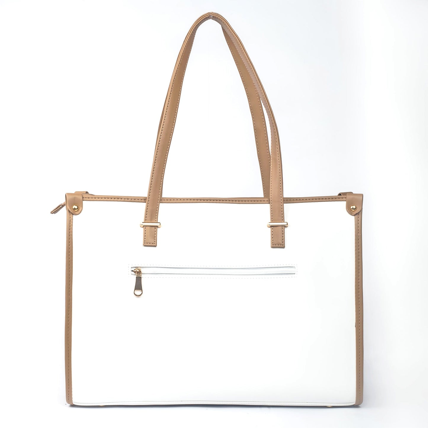 Vanilla taupe box tote bag with stylish handles and a zippered pocket for convenience