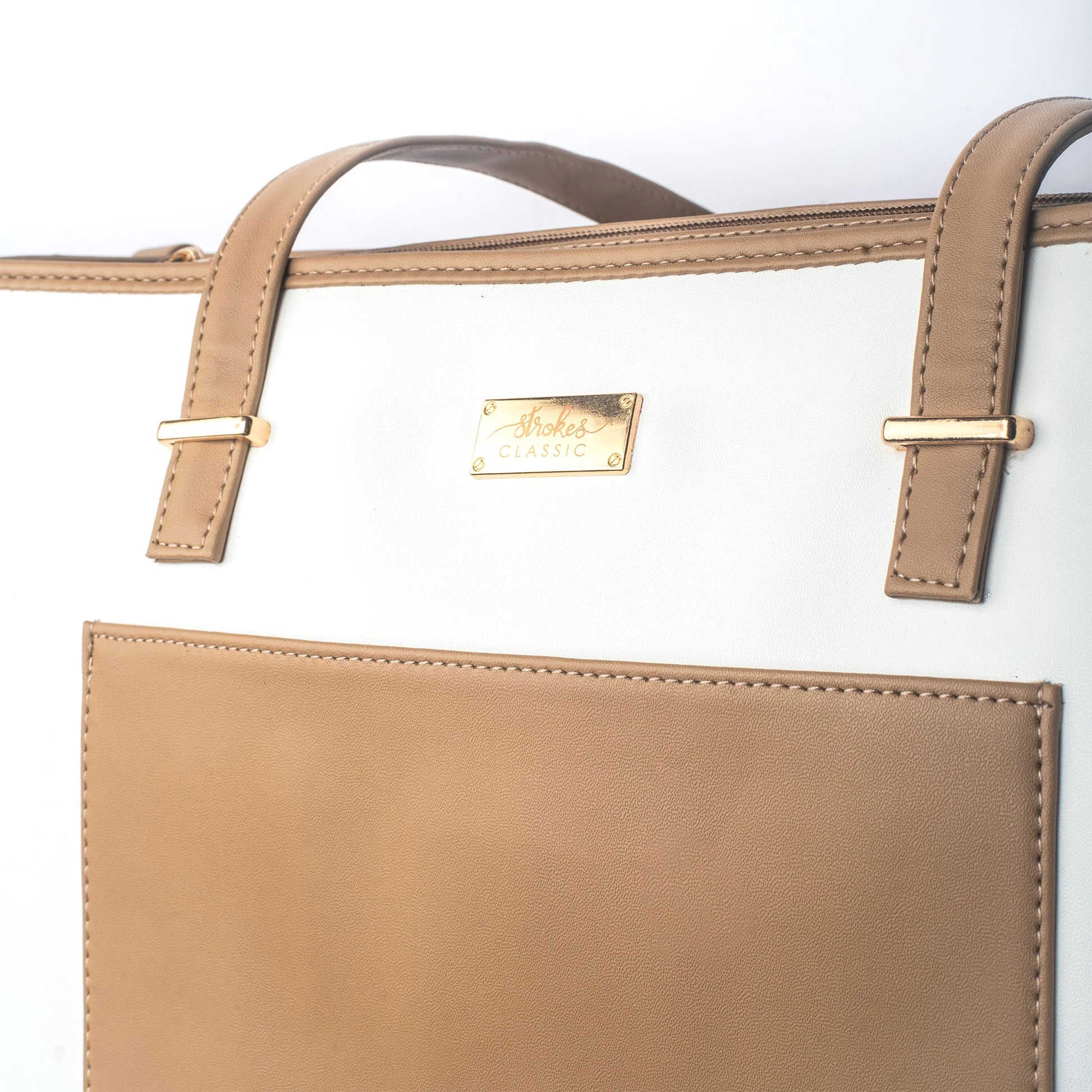Stylera vanilla taupe box tote bag with gold logo and stylish design
