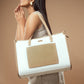 Vanilla taupe box tote bag with a stylish design and exterior pocket for everyday use