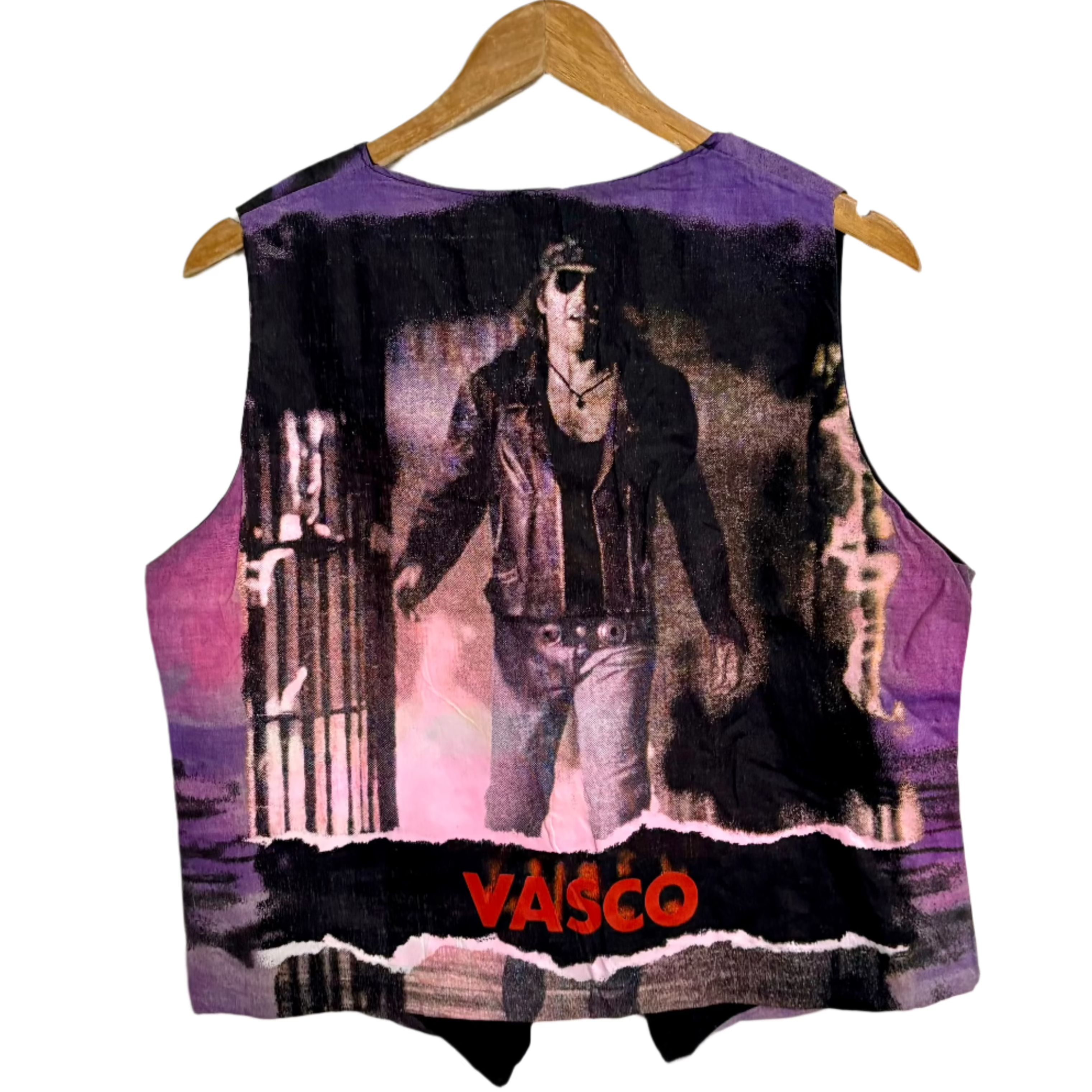 Stylera Vasco graphic sleeveless vest with purple and pink print and red VASCO logo trendy statement fashion vest