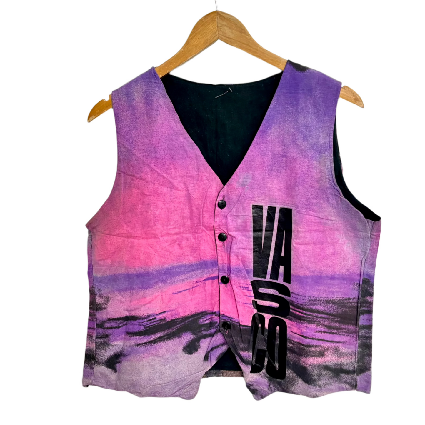 Purple and pink gradient sleeveless vest with black graphic text and button front by Stylera trendy statement fashion vest