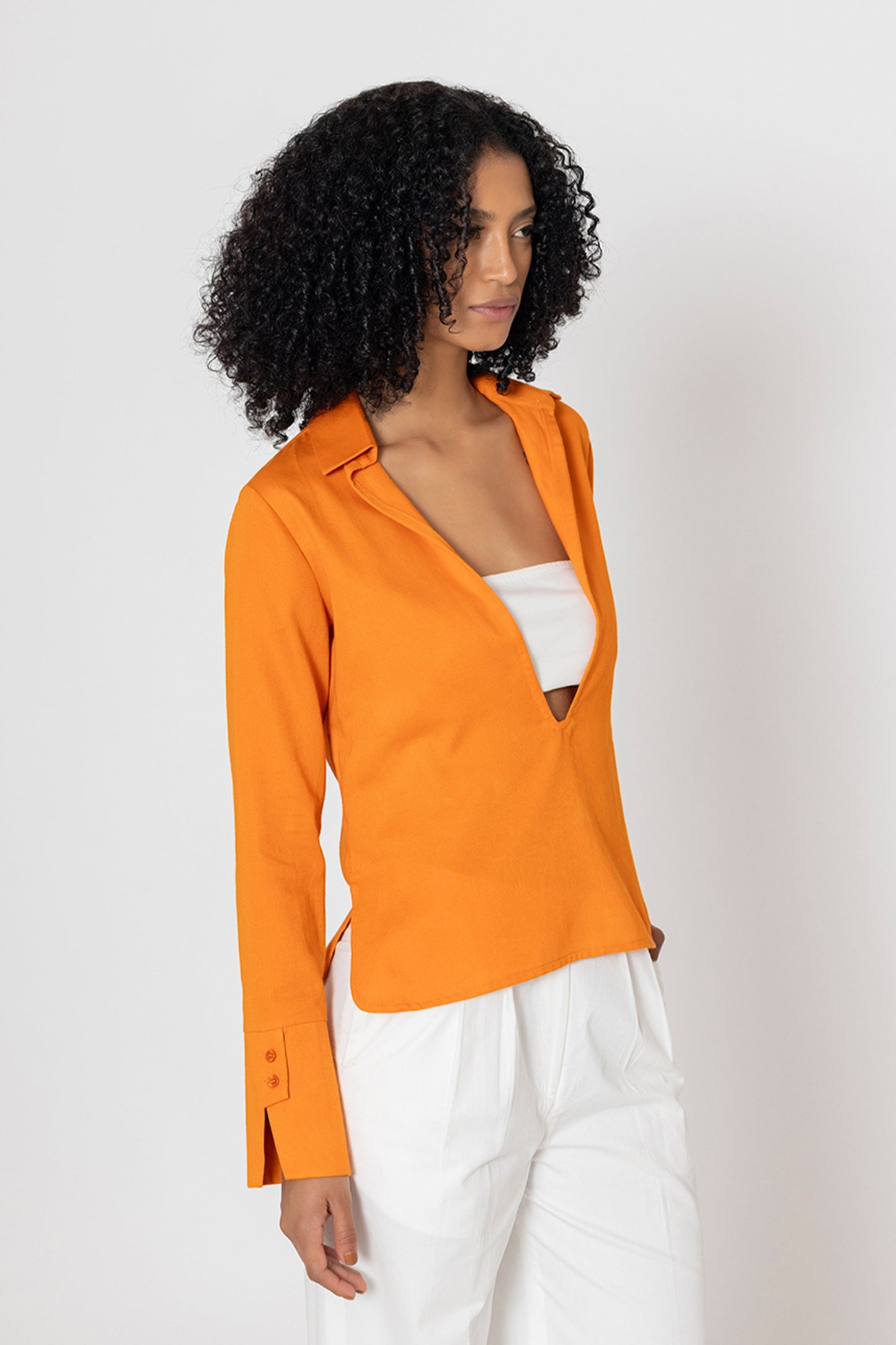 Stylera orange v-neck blouse for women with long sleeves and tailored fit
