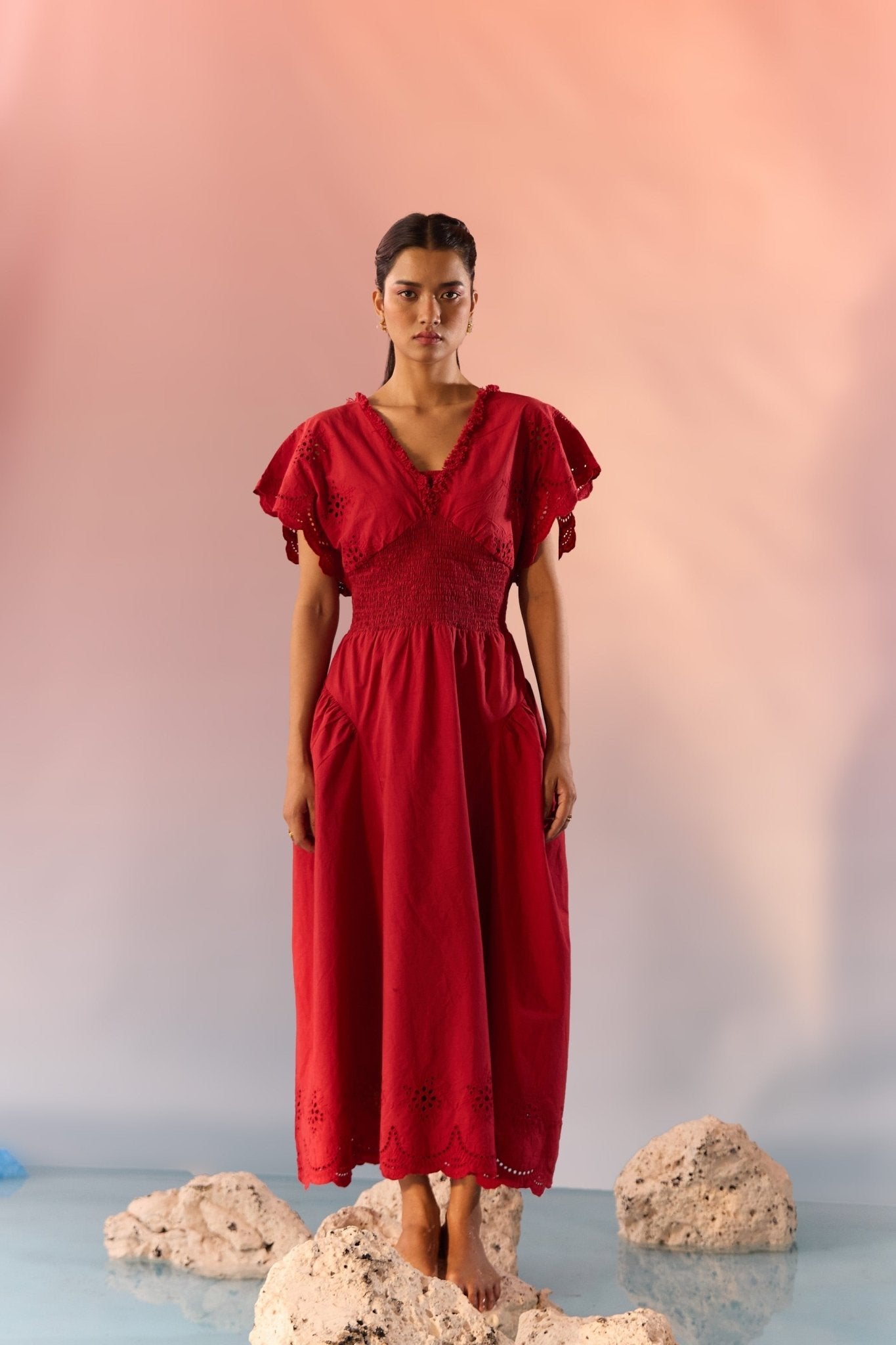 Stylera red Schiffli maxi dress with short flutter sleeves and embroidered details