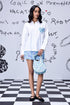 Stylera white sequin heart shirt with blue floral mini skirt and matching handbag