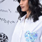 White Stylera sequin heart shirt with blue floral sequined heart detail