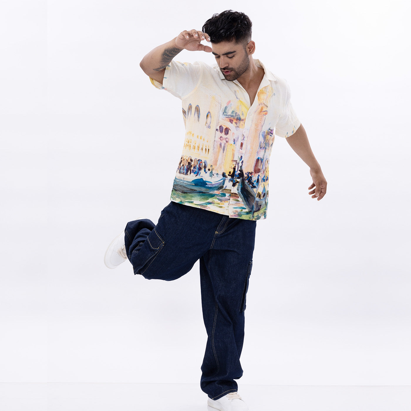 Stylish Venice printed shirt for men featuring a vibrant artistic design and relaxed fit