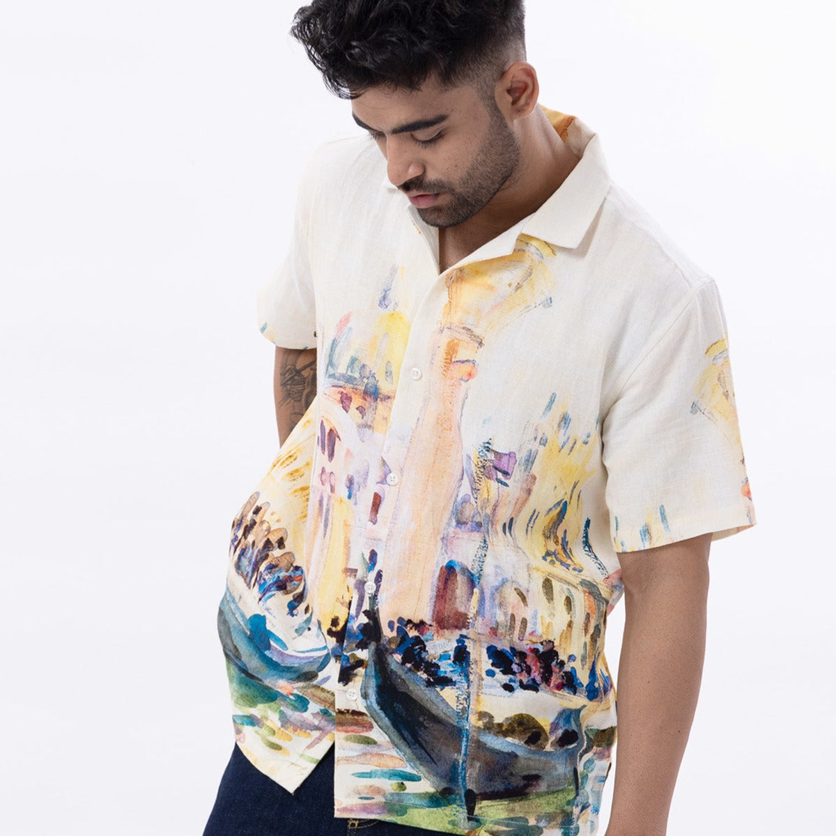 Stylera Venice printed shirt for men featuring a colorful canal scene and short sleeves