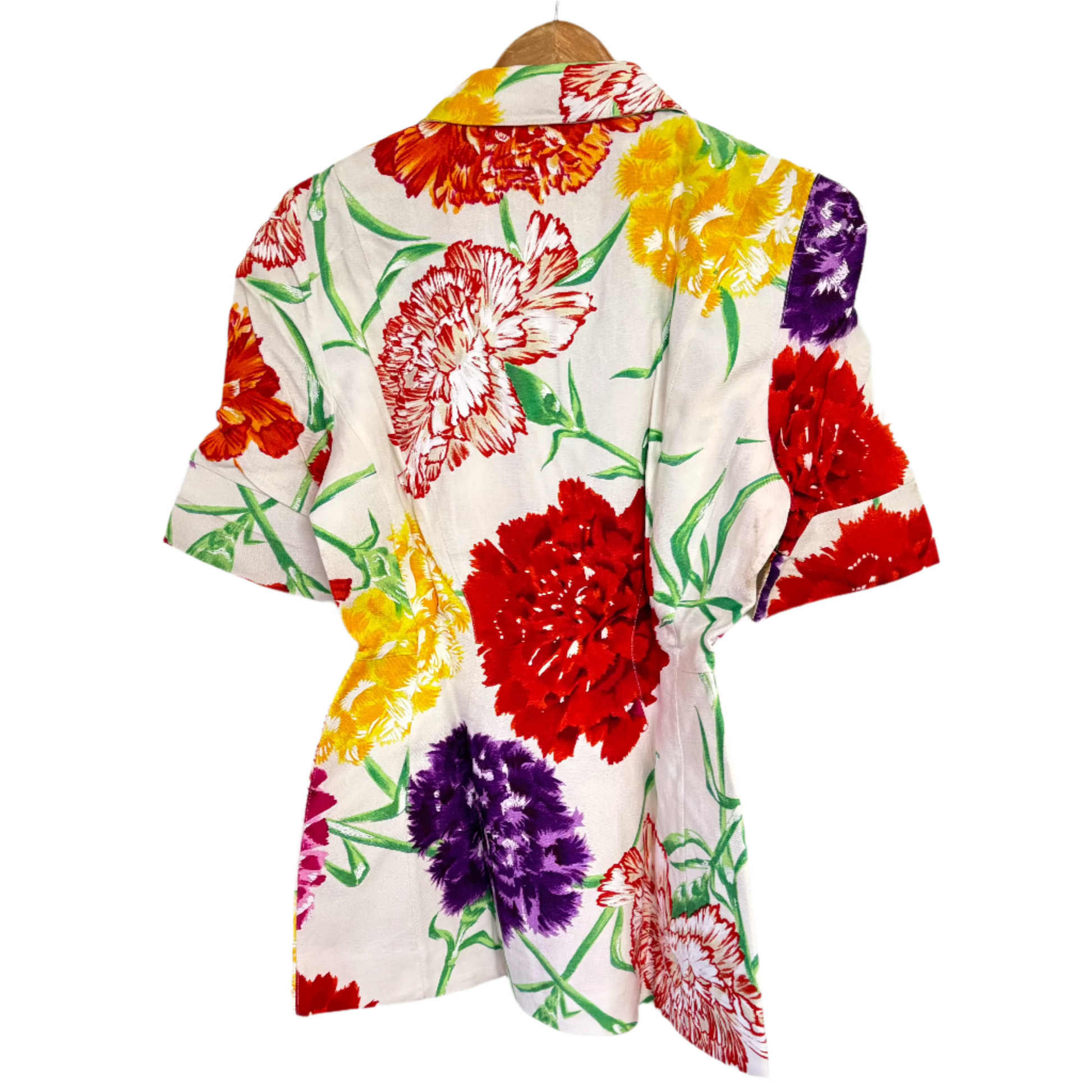 Stylera back view short sleeve floral blazer for women with bright red yellow purple carnation print on white
