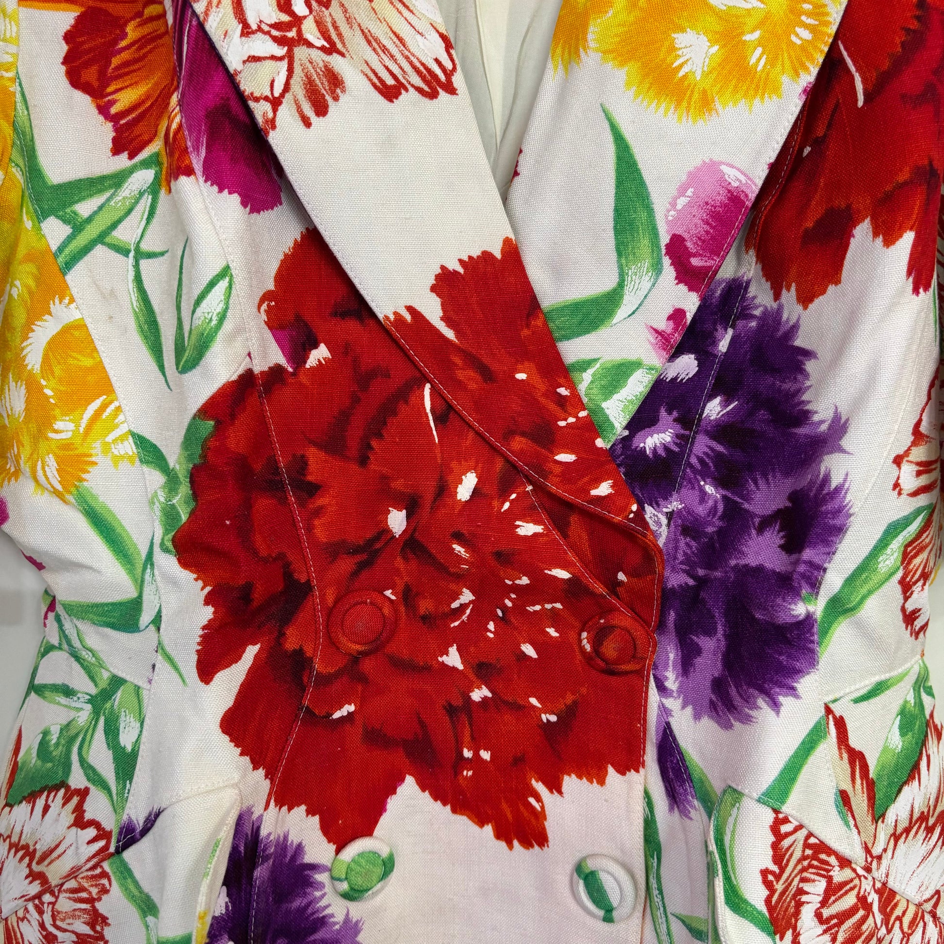 White double breasted floral blazer for women with bold red purple and yellow botanical print
