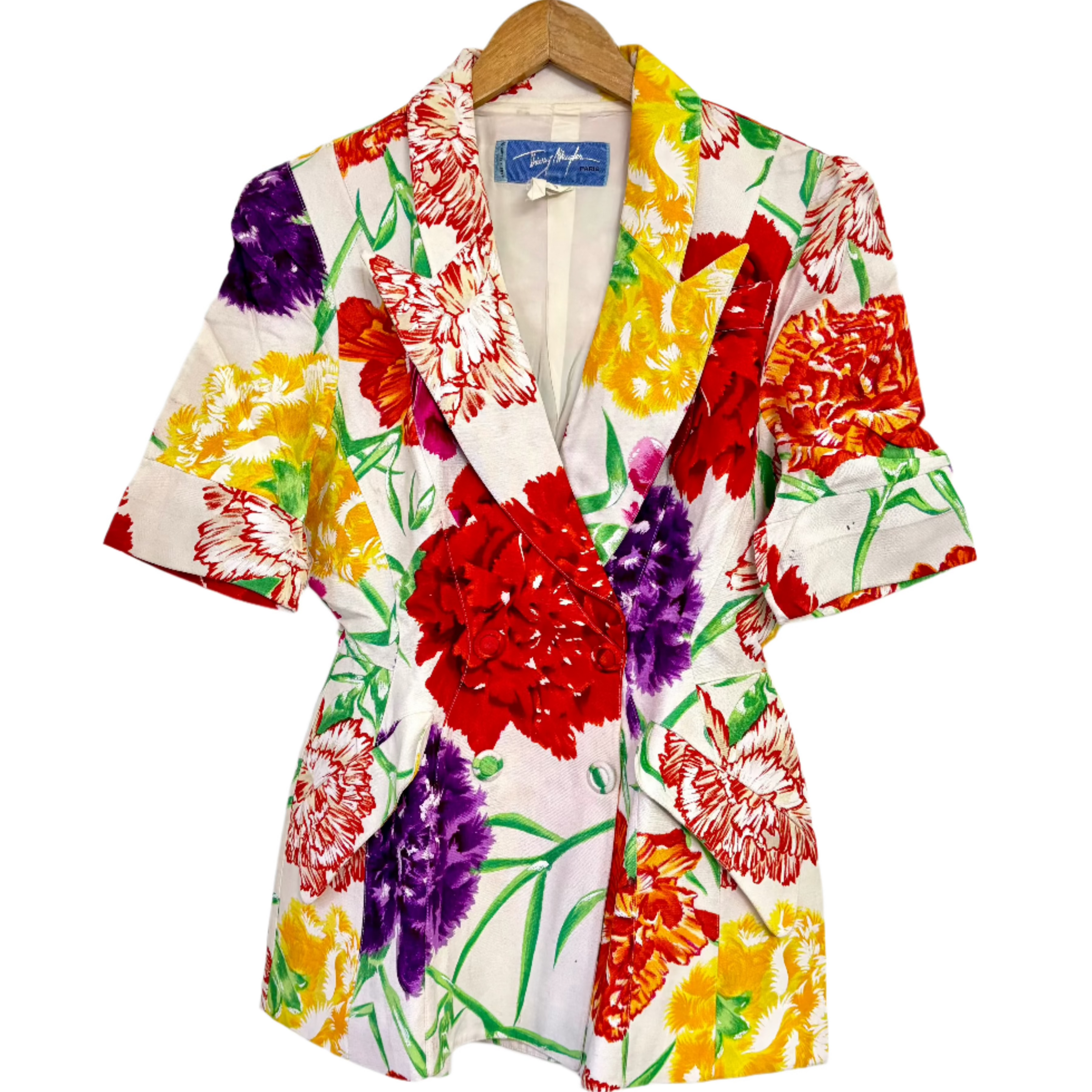 Stylera floral blazer for women white tailored short sleeve jacket with bold red yellow purple flowers