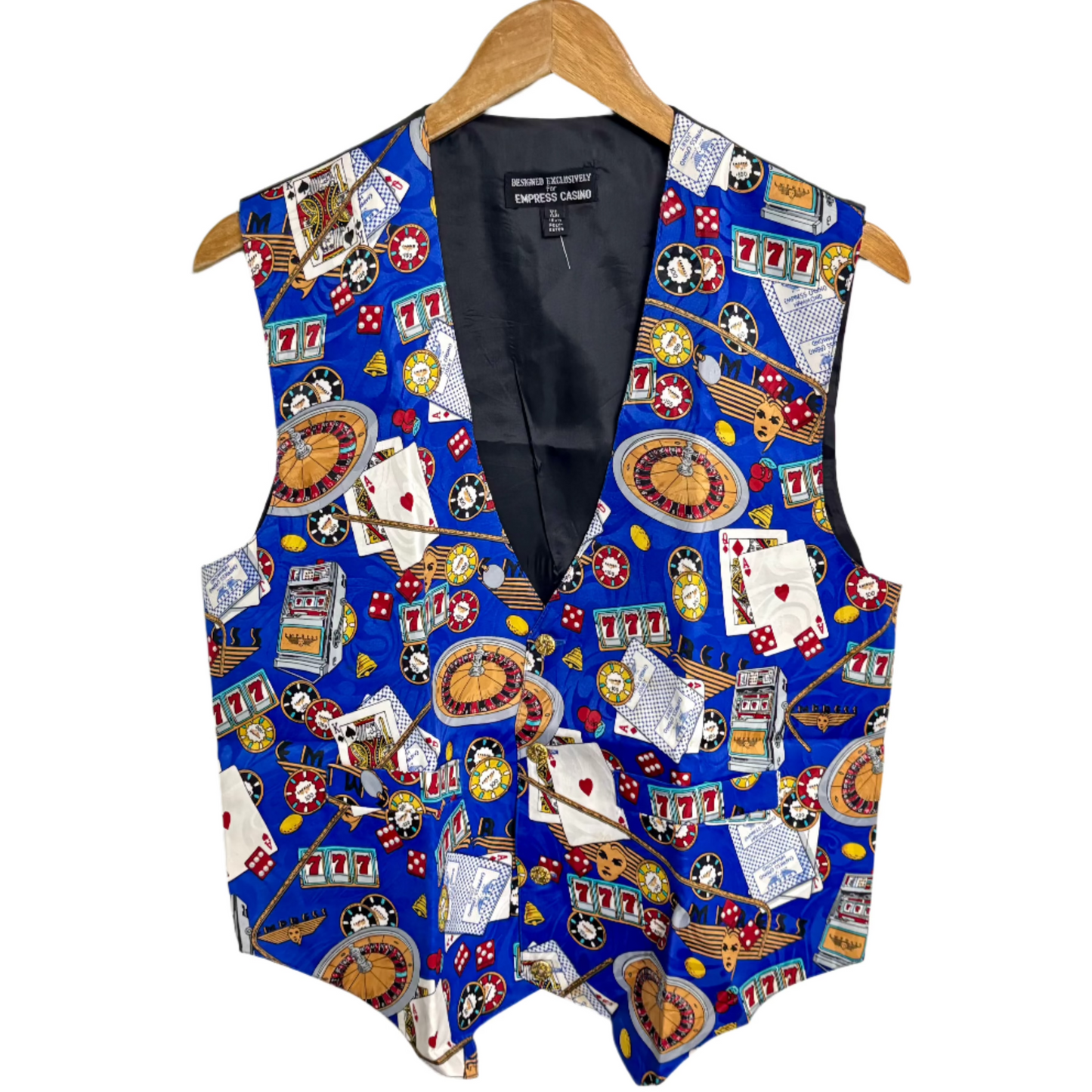 Stylera casino print vest blue with roulette cards dice chips and slot machine pattern