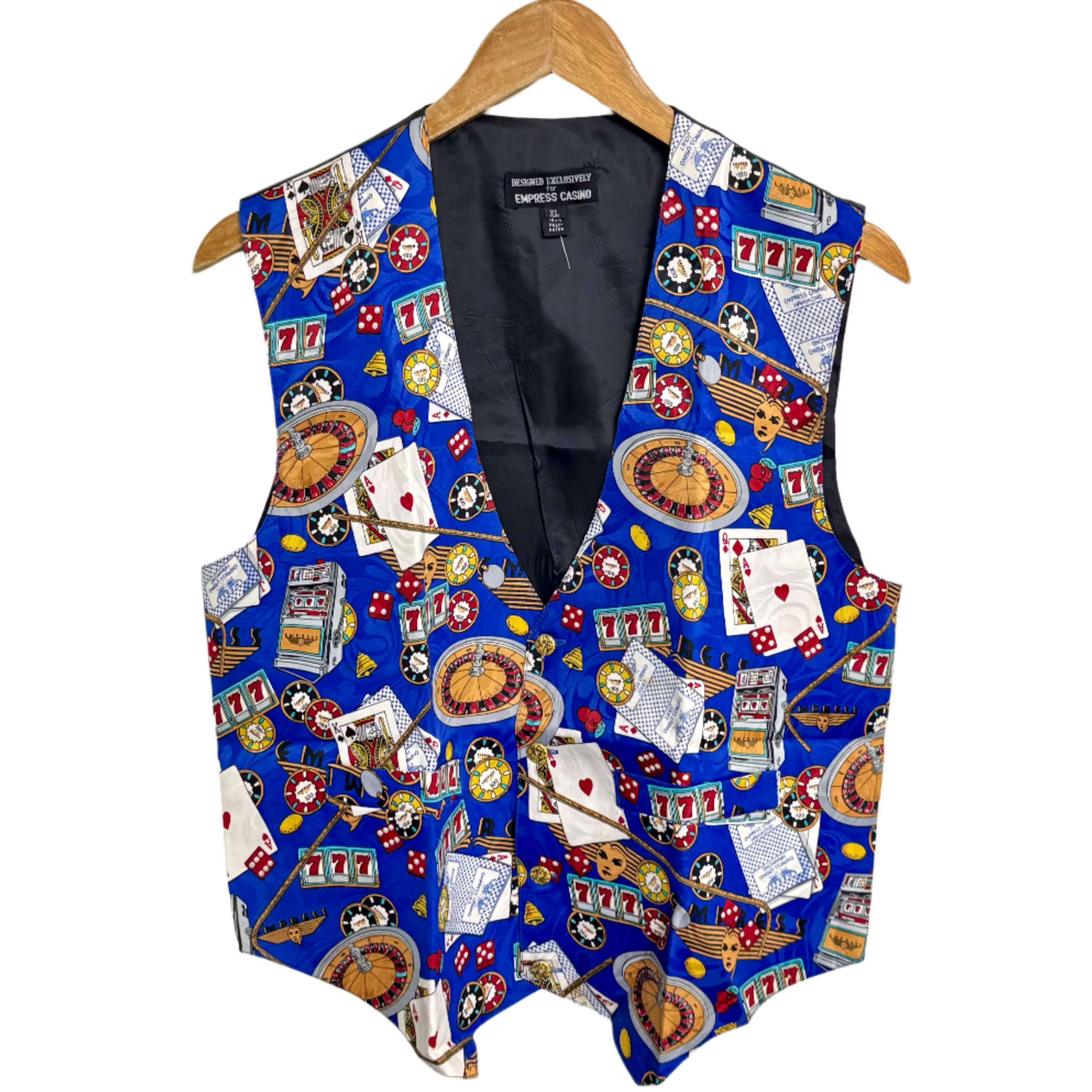 Stylera casino print vest blue with roulette cards dice chips and slot machine pattern