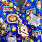 Blue novelty casino print vest with roulette wheel 777 slots poker chips dice and playing cards