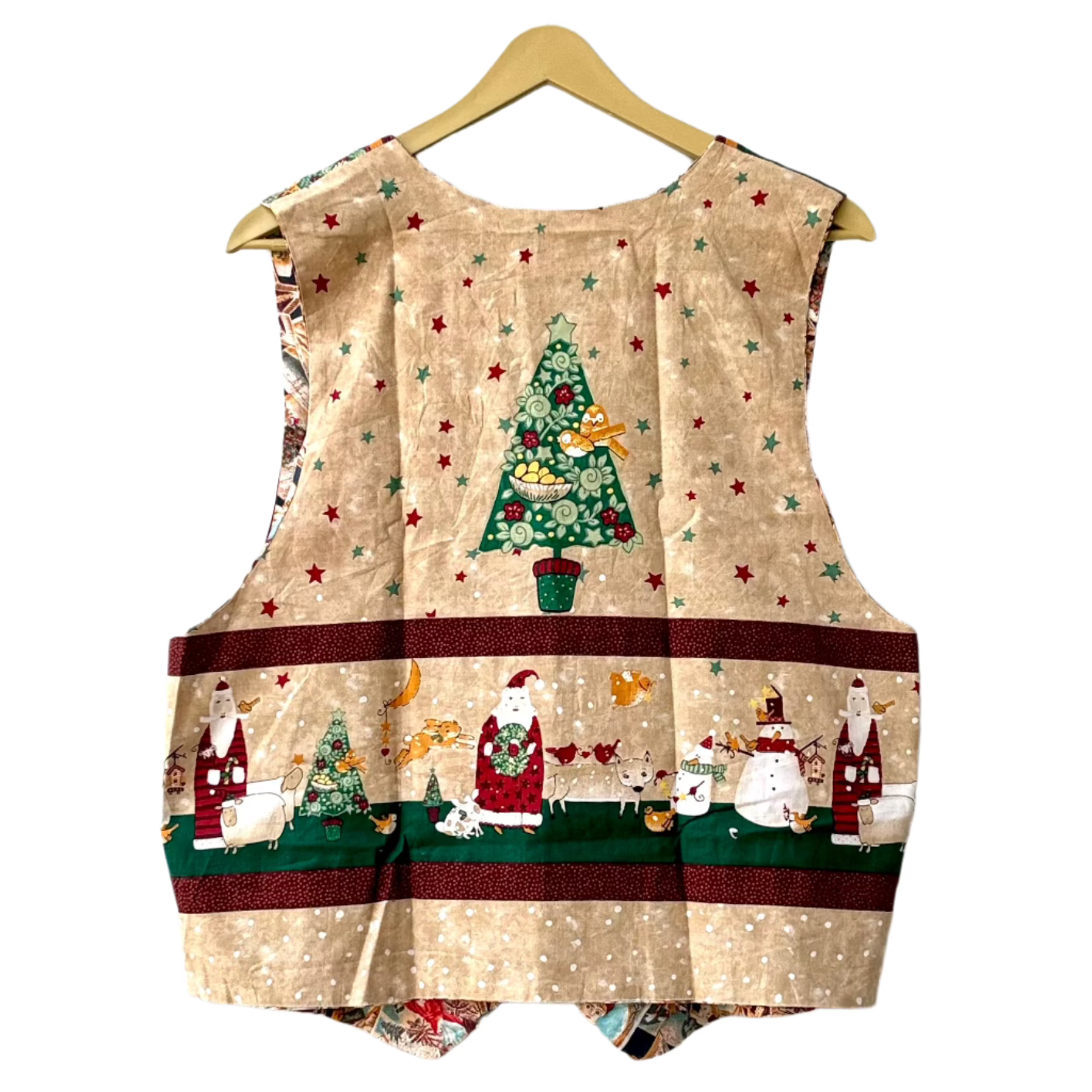 Christmas patchwork vest for women beige holiday vest with central Christmas tree Santa snowmen panels