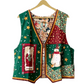 Christmas patchwork vest for women green red quilted holiday vest with snowman and star patch pockets