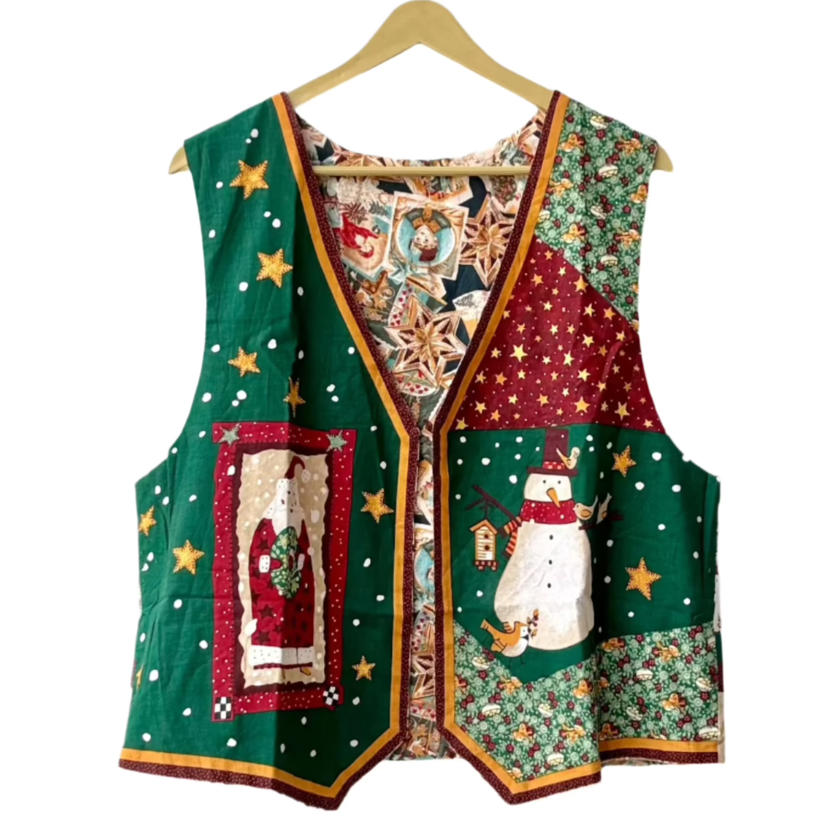 Christmas patchwork vest for women green red quilted holiday vest with snowman and star patch pockets