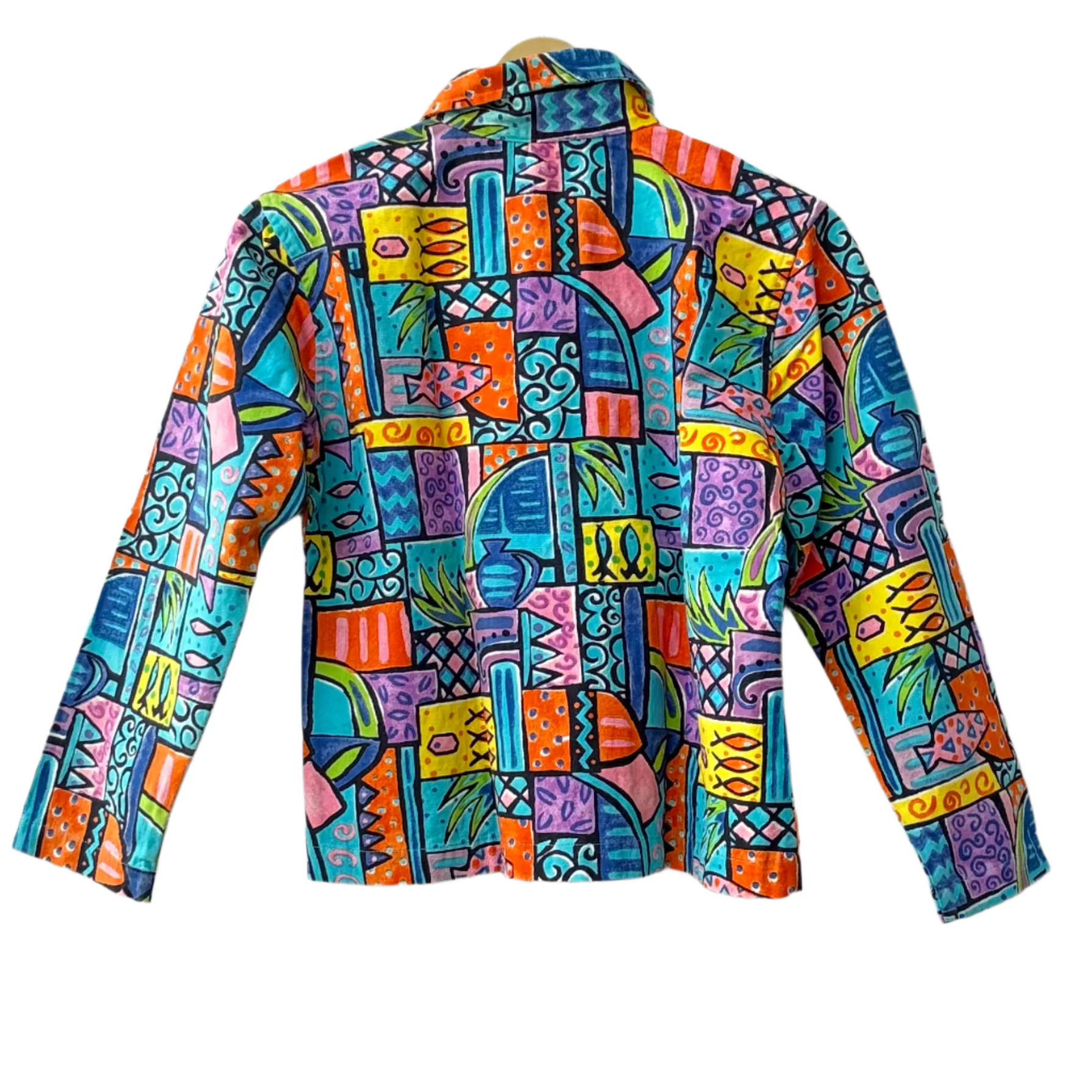Stylera colorful patterned jacket with vibrant abstract geometric print and long sleeves back view