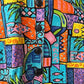 Close up of Stylera colorful patterned jacket with black buttons and tropical geometric print