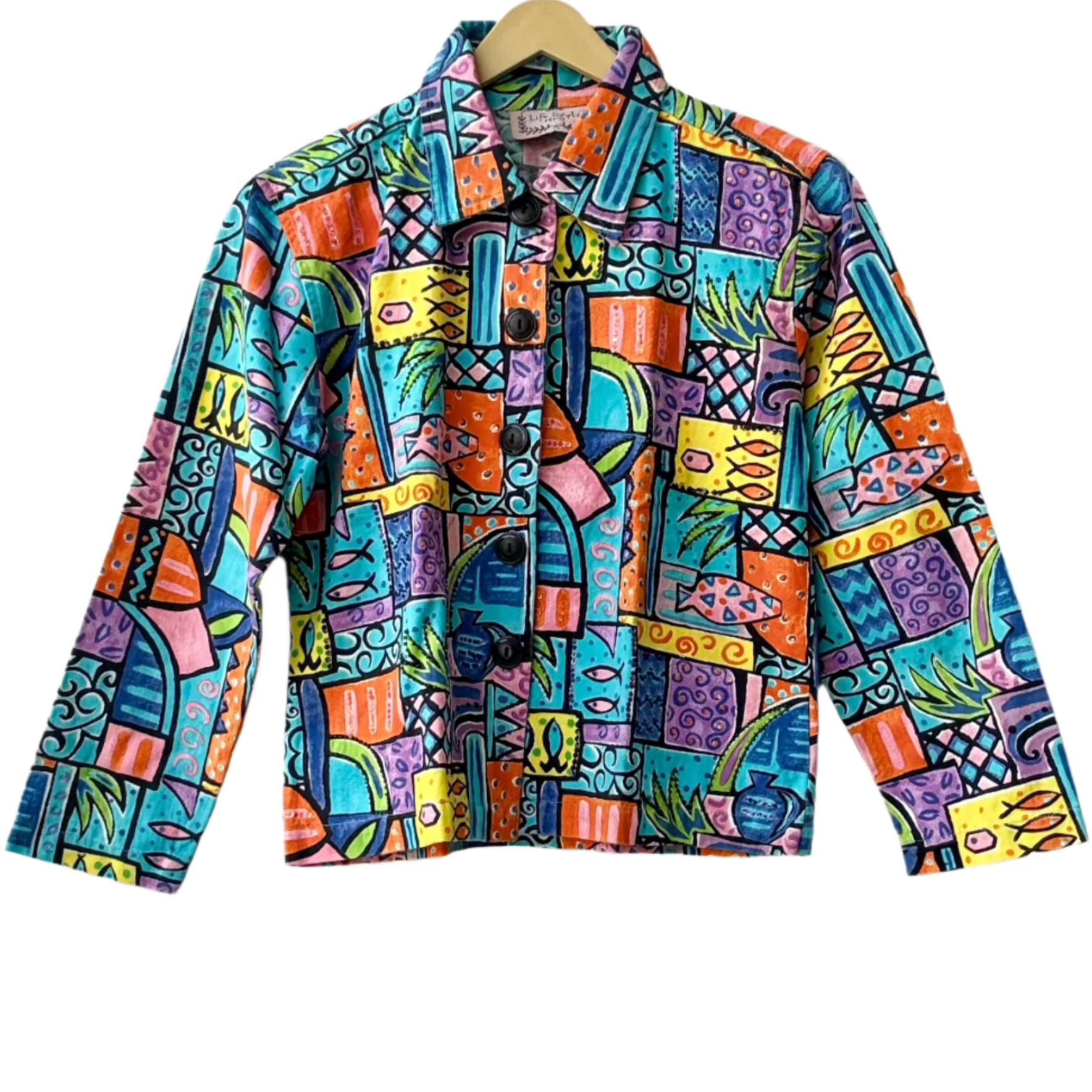 Stylera colorful patterned jacket with abstract geometric print button front long sleeves boxy cropped fit